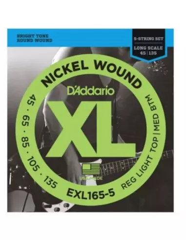 D’Addario EXL165 per basso, 5 corde, Nickel Wound, Custom Light, 45-135, Long Scale